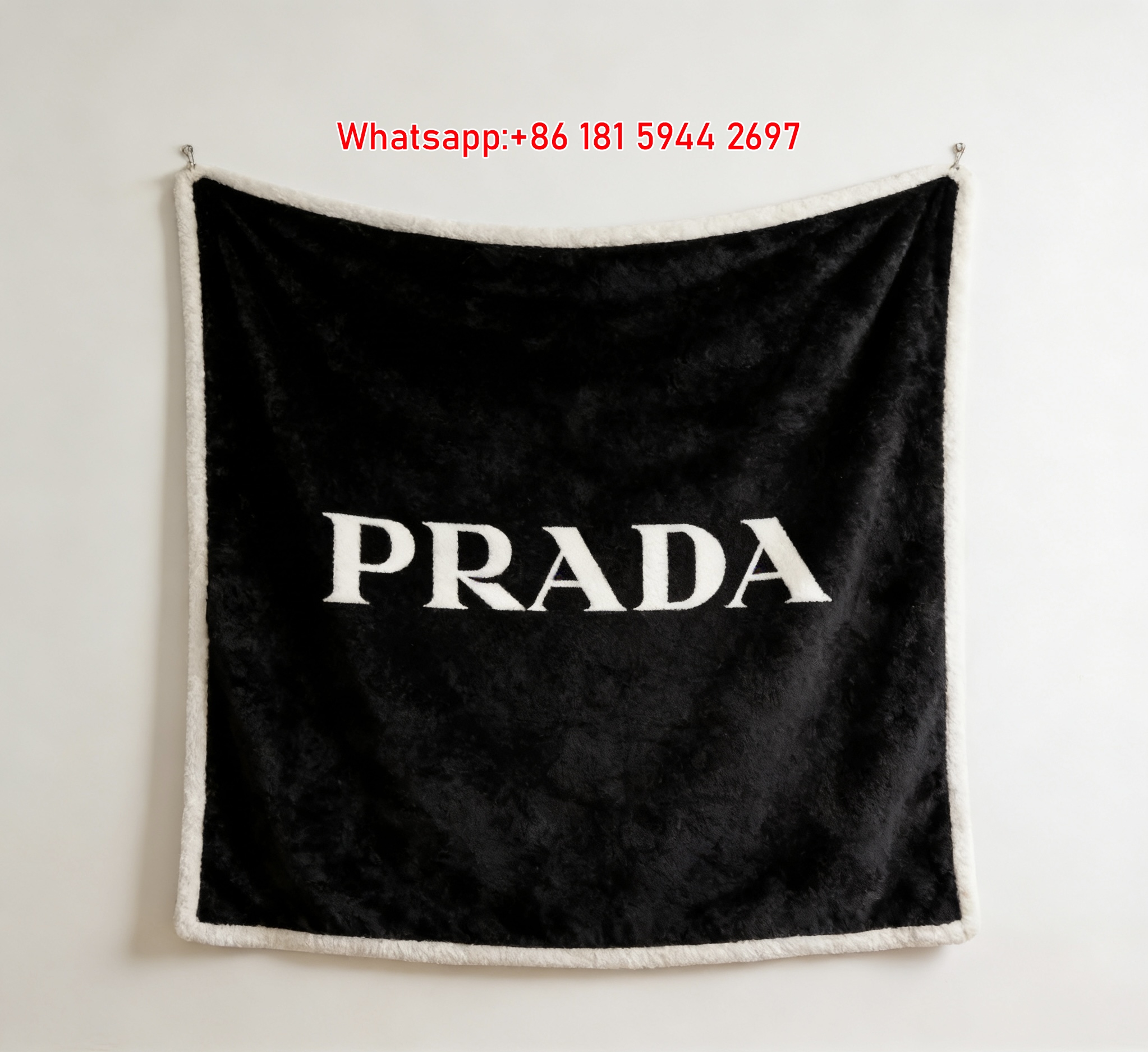 Prada Black White Classic Logo Print Fleece Sofa Throw Blanket IMG_2680